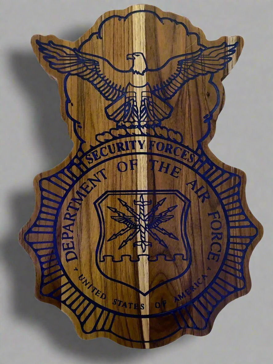 Wall hanging security forces badge shaped plaque. For USAF going away gift.