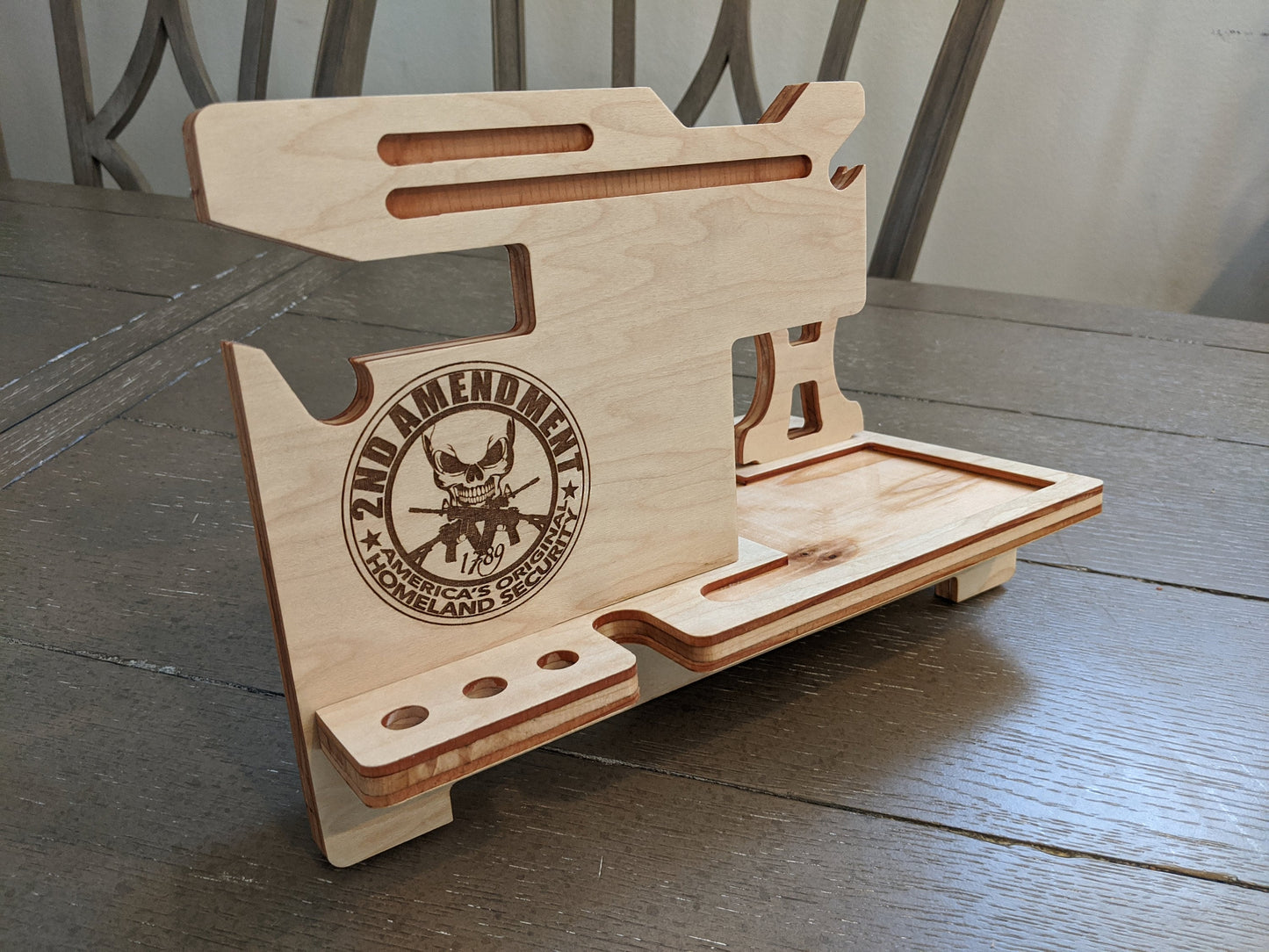 Perfect Birthday Day Gift, Custom laser Etched Gun Valet, Organizer, Storage for Night Stand, Stained